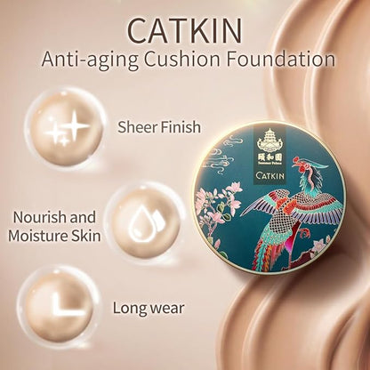 Catkin Phoenix Cushion Foundation Buildable Coverage Anti-Aging Serum Makeup, Sheer Satin Finish, Refill Included, Light Beige 0.46 Oz x 2, C01 Natural Beige