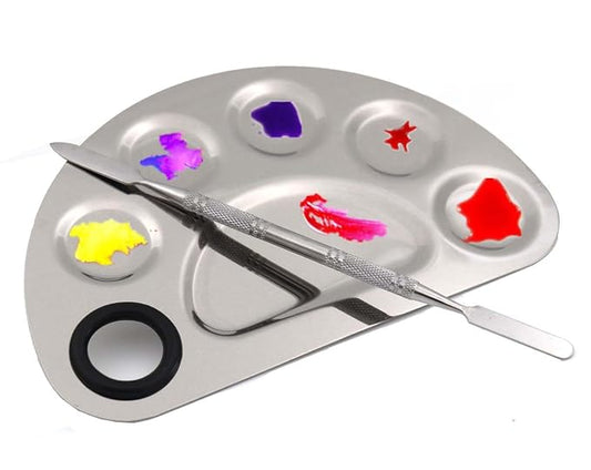 Stainless Steel 5-well Makeup Palette Artist Mixing Palette with Spatula for Cosmetic Blending (Semicircle)