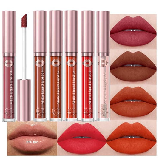 5Pcs Matte Liquid Lipstick + Lip Oil Set – Long Lasting Waterproof Velvet Lip Stains, Non-Stick Cup Matte Lip Gloss Makeup Kit with Hydrating Lip Oil for Soft, Smooth Lips Set:U-03#