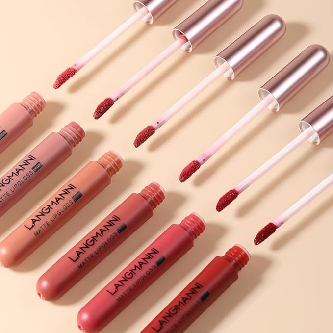 LANGMANNI Velvet Matte Nude Lipstick Set,Long-Lasting & Rich Pigment,Capsule Tube Shape Lip Gloss Set Gift Collection for Women/Girls (6Pcs Liquid Lipstick)