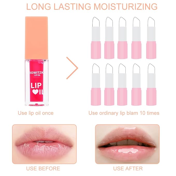 Bowitzki Lip Oil Lip Glow Gloss Hydrating Transparent Tinted Nourishing Long Lasting Lip Balm Care Moisturizing Repairing Lightening Lip Lines Blue Lotus Tocopherol Squalane (Peach)