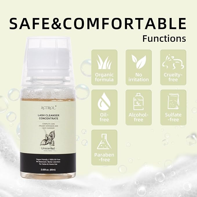 Eyelash Cleanser Concentrate 60ml Unscented Professional Lash Shampoo Foaming Cleanser DIY Wash for Extensions Lashes with Salon Home Care-Makes 6 Bottles