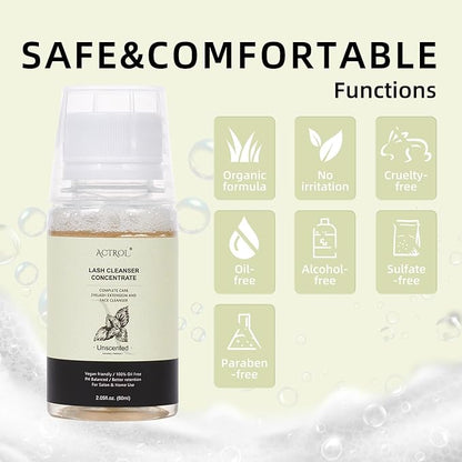 Eyelash Cleanser Concentrate 60ml Unscented Professional Lash Shampoo Foaming Cleanser DIY Wash for Extensions Lashes with Salon Home Care-Makes 6 Bottles