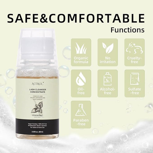 Eyelash Cleanser Concentrate 60ml Unscented Professional Lash Shampoo Foaming Cleanser DIY Wash for Extensions Lashes with Salon Home Care-Makes 6 Bottles