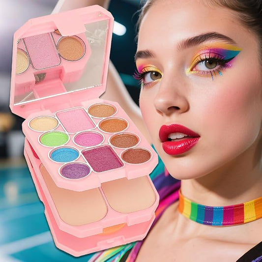 18 Color Beauty Makeup Palette Set Portable All-in-One 11 Eyeshadow 2 Blush 2 Shimmer 3 Lipstick Palette Kit with Dual-Ended Brushes, Travel-Friendly Cosmetic Case for Daily Party