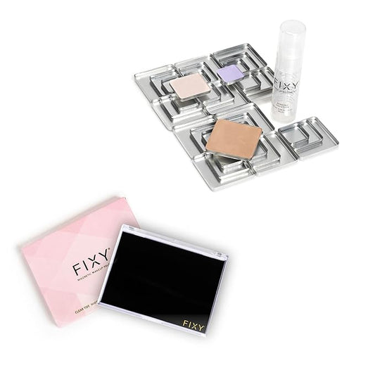 FIXY Ultimate Makeup Refill Kit: Includes 30 Square Empty Magnetic Pans & a Powder Binder Spray & SM Magnetic Makeup Organizer with Clear Top
