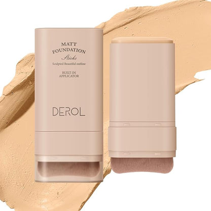 Multi-Use Foundation Stick Makeup with Built-In Brush, Lightweight Buildable Medium-to-Full Coverage, Longwear Contour Stick, Natural Finish