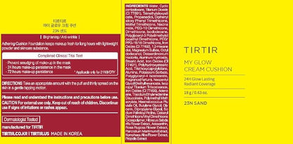 TIRTIR My Glow Cream Cushion | Natural Coverage, Hydrating, Dewy, Glow Finish, 24-Hours Long Lasting, Moisture barrier, Korean Cushion, Pack of 1 (0.63 oz.), #21N Ivory