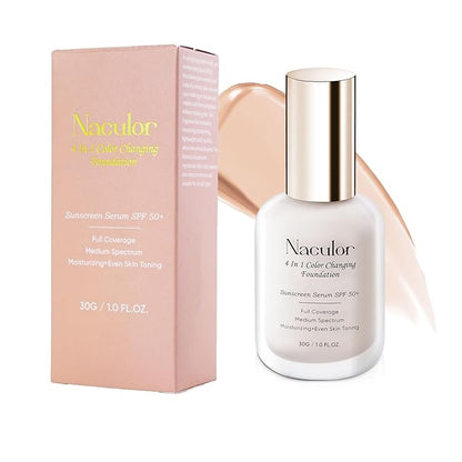 Foundation 4 in 1 - Medium Spectrum with SPF 50+,Multi-Use Liquid Makeup,Color Changing,Hydrating&Concealer&Sun Protection&Primer,Lightweight for Gym,Sports.