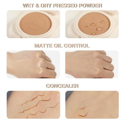 Matte Pressed Powder, Wet & Dry Concealer Foundation, Oil Control Flawless Setting Powder, Portable Face Makeup Compact with Puff Applicator