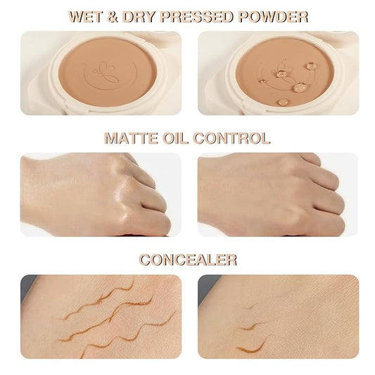Matte Pressed Powder, Wet & Dry Concealer Foundation, Oil Control Flawless Setting Powder, Portable Face Makeup Compact with Puff Applicator