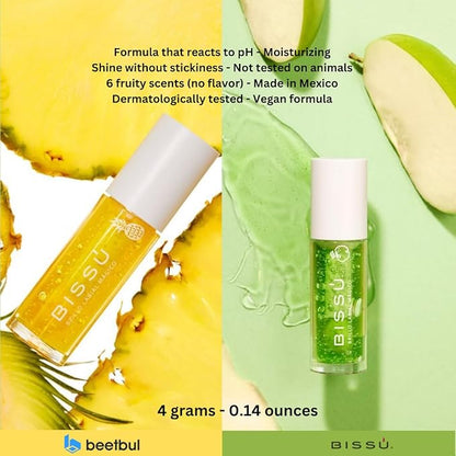 Bissú Magic Lip Gloss, 6 Fruity Scents, Moisturizing pH Reactive Gloss, with drop-shaped applicator and large size (02 Green Apple, 4 Grams)