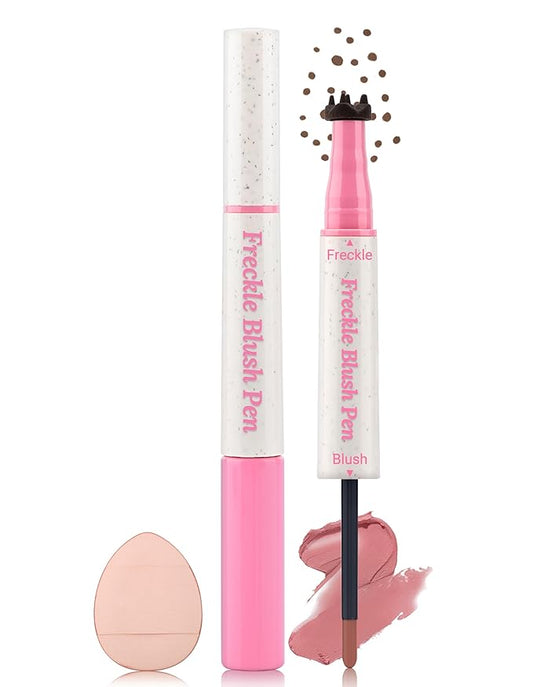 Erinde Natural Freckle Blush Pen, 2 in 1 Light Brown Liquid Freckle Stamp & Soft Pink Liquid Blush for Cheeks, Long Lasting Waterproof Freckles Tattoo Marker for Natural Sunkissed Makeup, 01