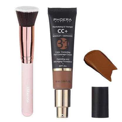 PHOERA CC+ Cream,Full Coverage Foundation，Color Correcting Cream,Anti Aging Hydrating Serum & SPF 25+ Sunscreen - Natural Finish - 1.08 fl oz (200 Mocha)