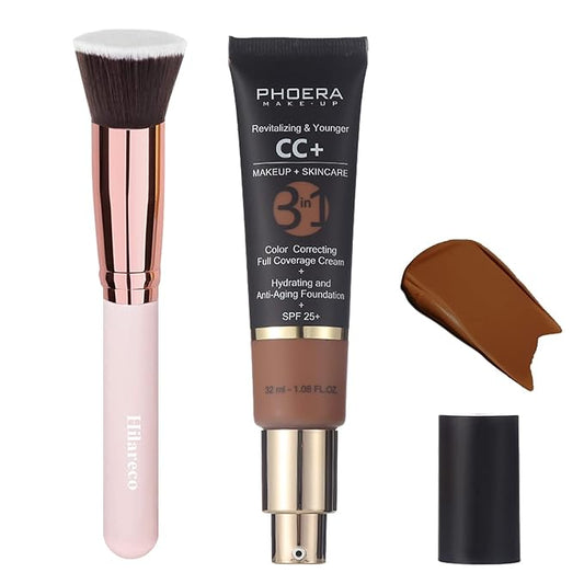 PHOERA CC+ Cream,Full Coverage Foundation，Color Correcting Cream,Anti Aging Hydrating Serum & SPF 25+ Sunscreen - Natural Finish - 1.08 fl oz (200 Mocha)