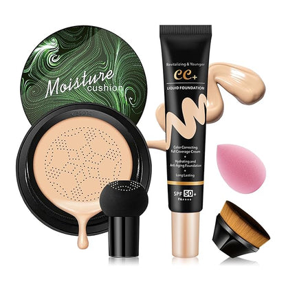 2PCS Mushroom Head Air Cushion CC Cream, Moisturizing Lasting Oil Control BB Cream for All Skin Types, Full Coverage Concealer Liquid Foundation Face Makeup Set with Foundation Brush & Makeup Sponge B