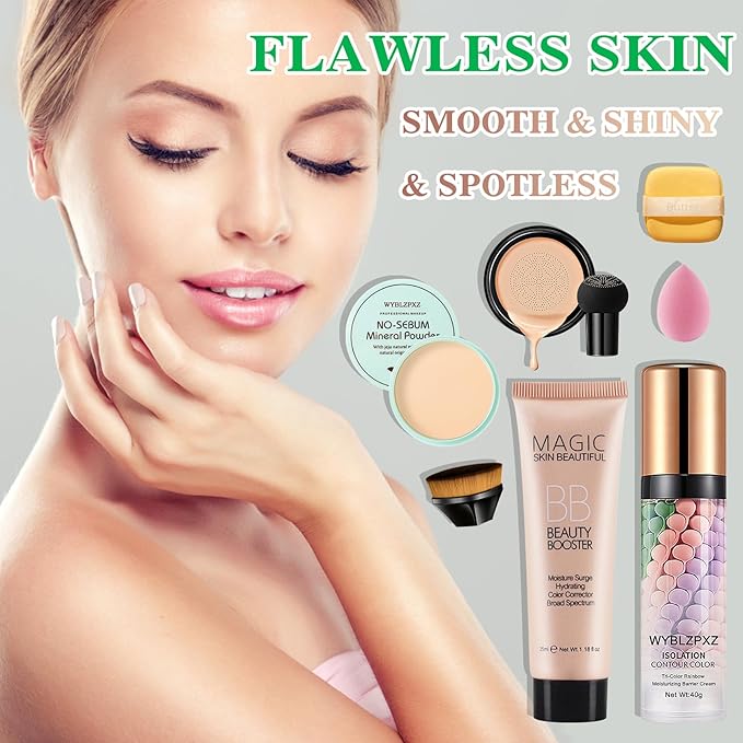 Mushroom Head Air Cushion CC Cream + BB Cream + Tri-color Color Corrector Isolation Cream Foundation Set Moisturizing Full Coverage Foundation Concealer Lasting Foundation Makeup Base Primer（7 Pcs）