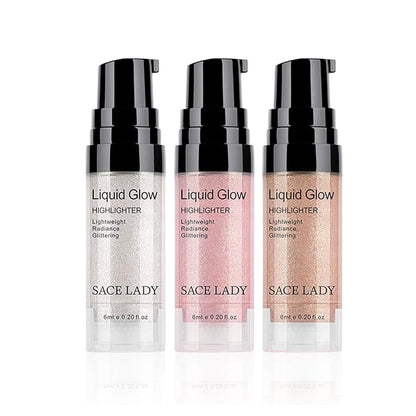 SACE LADY Liquid Highlighter Makeup Set Shimmer And Shine Ultra-Smooth Radiant Illuminator Kit For Face Cheekbone Body Glow Bronzer Glitter Illuminating Highlighters Makeups 3 Pack (3×6ml/0.2Fl Oz)