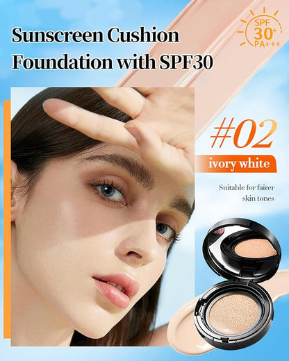 Sunscreen Cushion Foundation with SPF30, Full Coverage Face Cream Foundation Makeup for Mature Skin Moisturizing Breathable Concealer,Lightweight & Buildable BB Cream for All Skin Types, Ivory