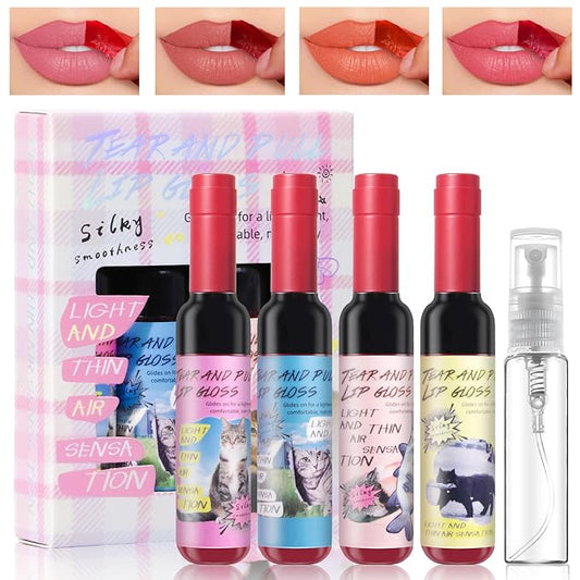4Pcs Wine Bottle Lip Stain Peel Off, Tattoo Color Lip Liner Stain peel, High Pigment Transfer Proof Magic Lip Tint, Matte Natural Dewy Finish Waterproof Long Lasting Lipstick Makeup Gift Set