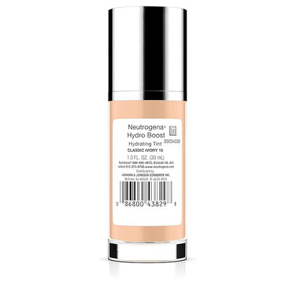 Neutrogena Hydro Boost Hydrating Tint with Hyaluronic Acid, Lightweight Water Gel Formula, Moisturizing, Oil-Free & Non-Comedogenic Liquid Foundation Makeup, 10 Classic Ivory, 1.0 fl. oz