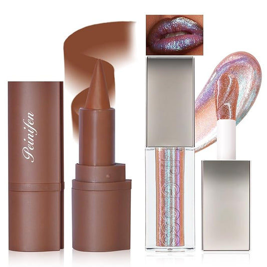 Glitter 2 in 1 Lip Liner and Chameleon Lip Gloss Combo, Gradient Light Brown Lipstick Plumping Lip Pencil Sparkly Liquid Lip Stain Set, Moisturizing Smooth High Shine Lip Combo Lip Makeup