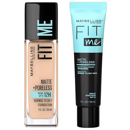 Maybelline Fit Me Matte + Poreless Liquid Foundation + Fit Me Mattifying Primer Makeup Bundle, Includes 1 Foundation in Creamy Beige and 1 Primer