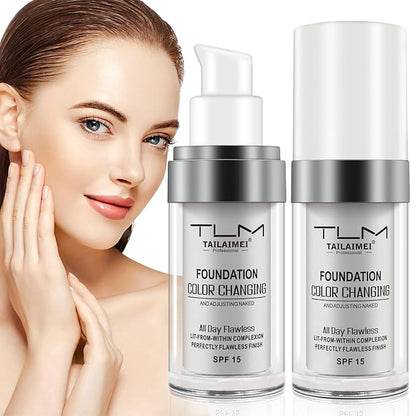 2PCS TLM Color Changing Liquid Foundation Hides Wrinkles & Lines, Full Coverage Natural Color Face Primer Base Makeup, Long Lasting Lightweight Liquid Foundation SPF 15 for Face Makeup