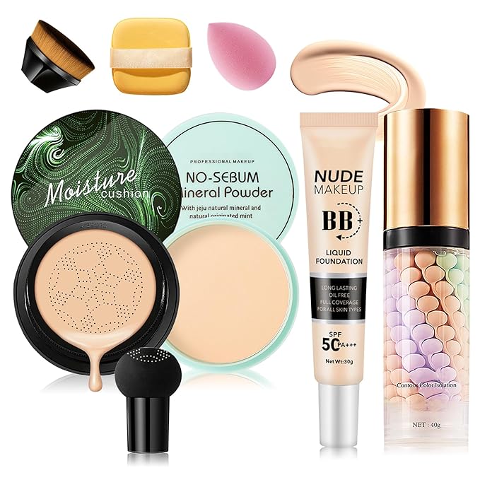 7PCS Mushroom Head Air Cushion CC Cream Foundation,Natural BB Cream Foundation,Moisturizing One Step Color Corrector,Loose Setting Powder Set with Makeup Sponges B