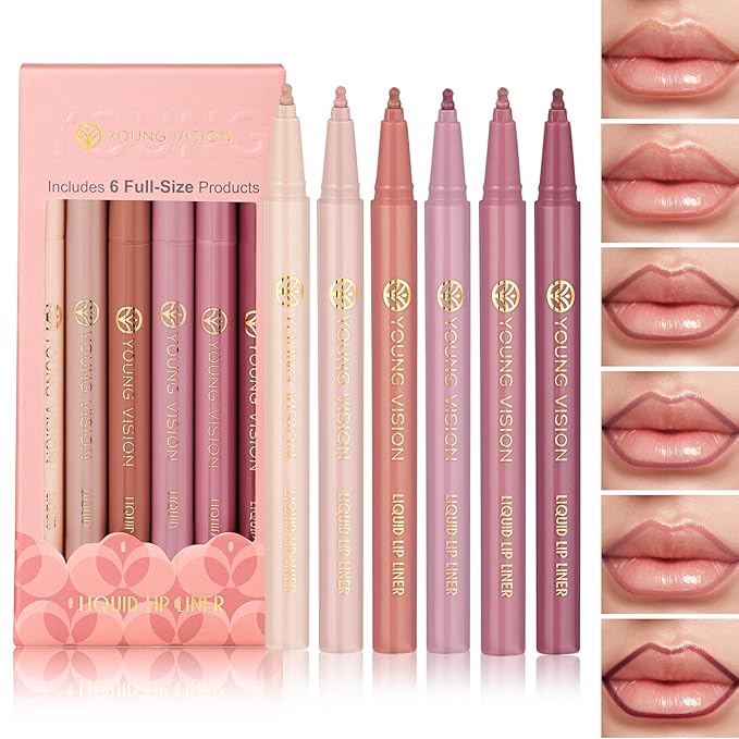 YOUNG VISION 6-Pc Lip Liner Set, Gourd-Shaped Precision Tip, Long-Lasting, Smudge-Proof, Easy Glide Nude Matte Lip Contour for Women, Perfect for Precise Lip Definition, Gift Set