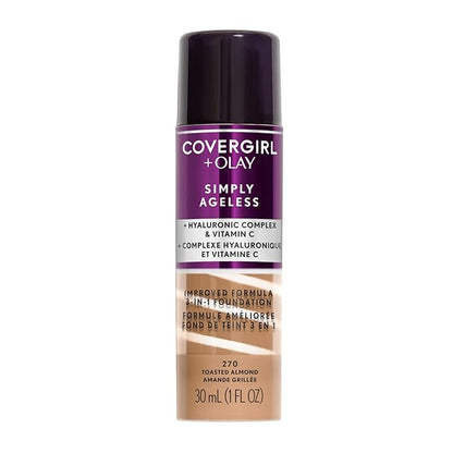 CoverGirl & Olay Simply Ageless 3-in-1 Liquid Foundation, Matte Finish, Hyaluronic & Vitamin C Formula, Cruelty Free, Toasted Almond, 1 Count
