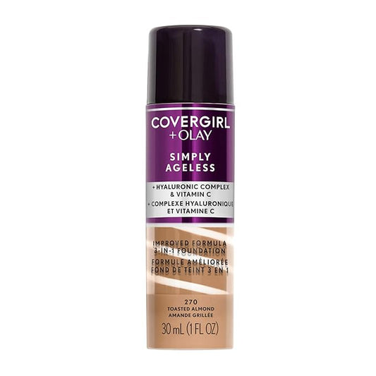 CoverGirl & Olay Simply Ageless 3-in-1 Liquid Foundation, Matte Finish, Hyaluronic & Vitamin C Formula, Cruelty Free, Toasted Almond, 1 Count