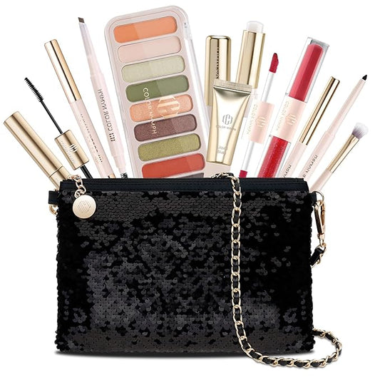 Color Nymph Teen Girls Makeup Kits, All In One Make up kit For Girls Makeup For Teen with Sequin Bag Packed Individually 9 Colors Eyeshadow Liquid Blush Lip gloss Mascara -Orange Green