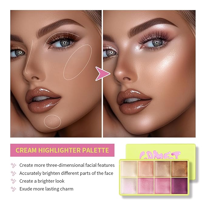 8 Colors Multi-use Cream Contour Highlighter Palette Makeup,Concealer Palette for Cheek Eye Nose Face Body,Cheek Lip Tint,Lightweight Soft Buildable Blendable Natural Look