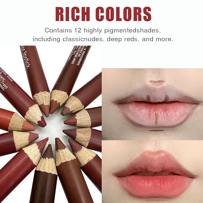 12PCS Matte Lip Liner Set - Long Lasting High-Pigmented Lip Pencils with Sharpener, Natural Nude Brown Maroon Plum Shades for Shaping & Daily Lip Makeup (12 Colors)