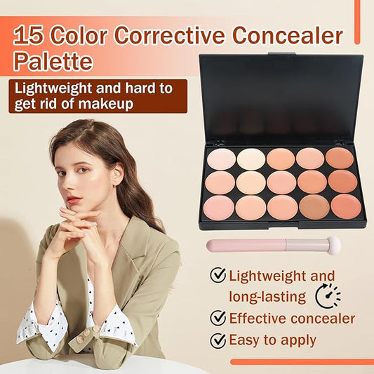 15 Colors Correcting Concealer Palette with Brush,Colors Corrector Palettes Long Lasting Moisturizing Cream Contour Makeup Palette