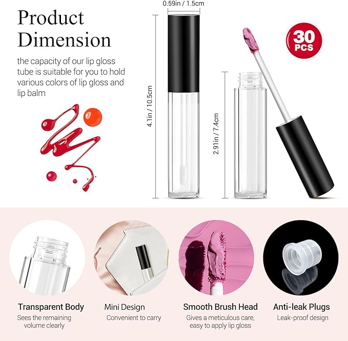 KPX 30 Pcs lip Gloss Tube Containers Bulk Wand 10ml Empty Clear Pink Lip Oil Tubes Refillable Lip Balm Bottles with Rubber Insert for DIY Makeup Such as Lip Samples, Homemade Lip Balm(Black)