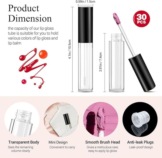 KPX 30 Pcs lip Gloss Tube Containers Bulk Wand 10ml Empty Clear Pink Lip Oil Tubes Refillable Lip Balm Bottles with Rubber Insert for DIY Makeup Such as Lip Samples, Homemade Lip Balm(Black)