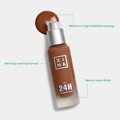 3INA The 24H Foundation 624-24H Long-Wearing Formula - Medium To High Buildable Coverage - Smooth Matte Finish - Expanded Shade Selection - Waterproof, Cruelty Free, Vegan Makeup - 1.01 Oz