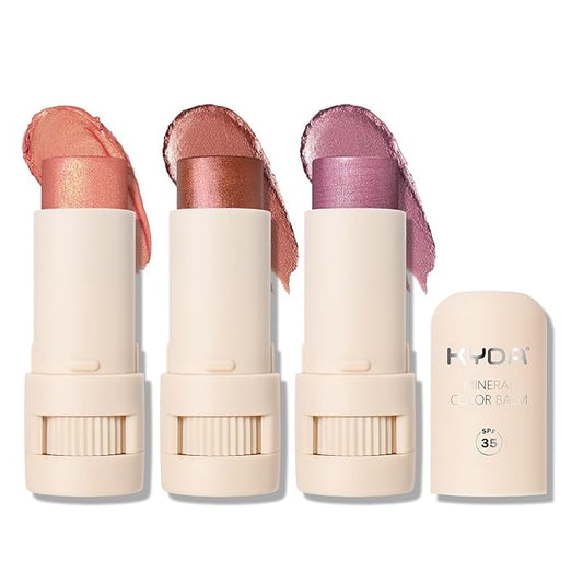 KYDA 3 Colors Mineral Color Balm, Buildable Shimmer Color for Lips and Cheeks, Broad spectrum SPF 35, Natural Shimmer Finish, Lightweight Blendable Creamy, Multiuse Blush Stick, Set B