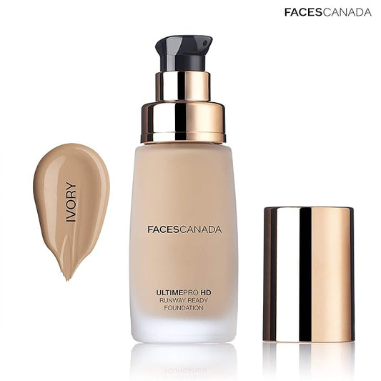 Faces Canada HD Runway Ready Foundation, Red Orange Extract & Gold particles, High Coverage, Oil-Free, Flawless Radiance, Vegan & Cruelty Free, Paraben Free, Ivory 01 (Beige), 1.01 Fl Oz