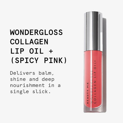Beauty Pie Wondergloss Collagen Lip Oil + (Spicy Pink) – Hydrating, Plumping, Non-Sticky Gloss with Collagen AC Micro-Vectors & Cherry Oils