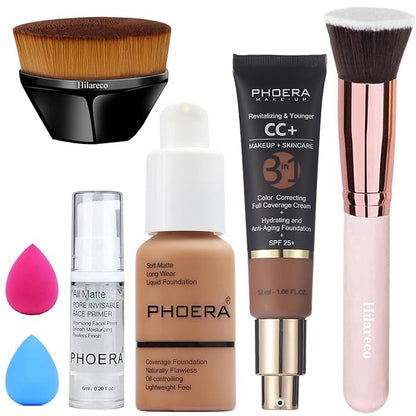 PHOERA Foundation,PHOERA CC+ Cream Color Correcting Anti Aging Hydrating Serum &SPF 25+,PHOERA Primer, PHOERA Makeup Foundation,Kabuki Makeup Brushes Foundation Brush (107 Honey+200 Mocha CC Cream)