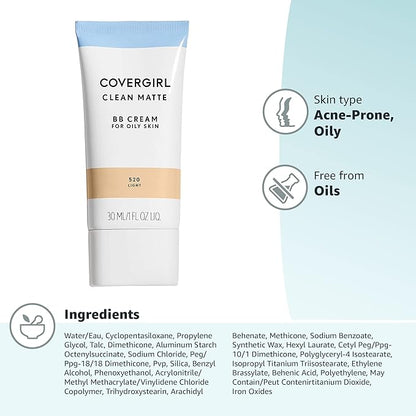 COVERGIRL - Clean Matte BB Cream, Oil-Free, Long-Lasting, Sensitive Skin, Lightweight, 100% Cruelty-Free