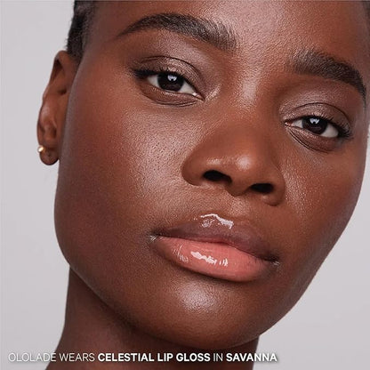 Kevyn Aucoin Celestial Lip Gloss, Savanna (iridescent dusty peach): Light reflecting shine & sheer. Precision makeup artist applicator. Hydrating and not-sticky. Multi-dimensional 3D plumping effect.