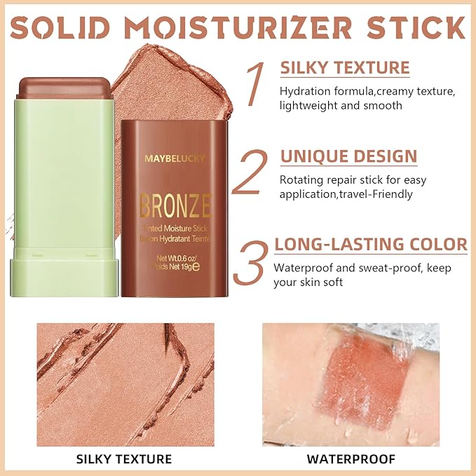 Cream Contour Stick for Cheeks Tint, Multi-Use Makeup Highlighter Blush Bronzer Stick, Natural Glow Solid Moisturizer Stick Blendable Illuminator On-the-Go Shimmer Cream Contour Makeup-03
