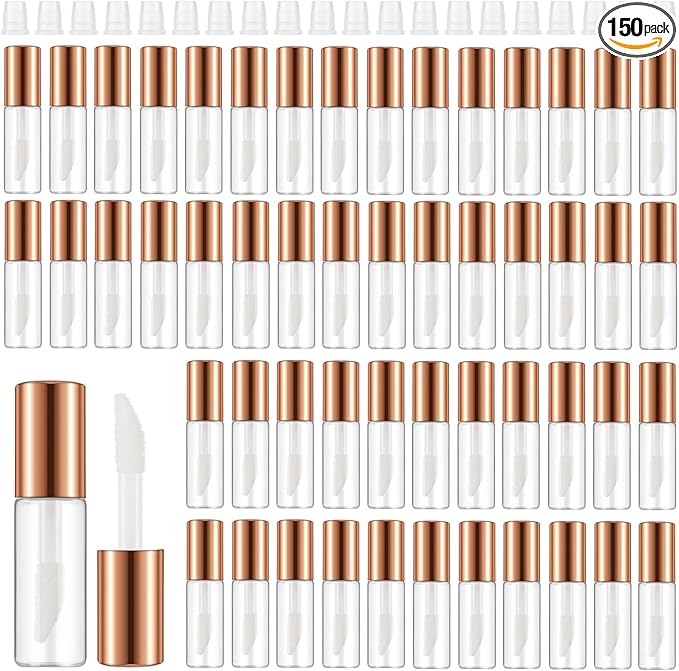 Jinei 150 Pcs Clear Empty Lip Balm Bottles 1.2ml Mini Lip Gloss Tubes, Refillable Containers Transparent Plastic Clear Lipstick Tubes for Girl Women DIY Makeup Sample Travel(Rose Gold)