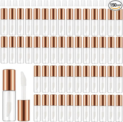 Jinei 150 Pcs Clear Empty Lip Balm Bottles 1.2ml Mini Lip Gloss Tubes, Refillable Containers Transparent Plastic Clear Lipstick Tubes for Girl Women DIY Makeup Sample Travel(Rose Gold)