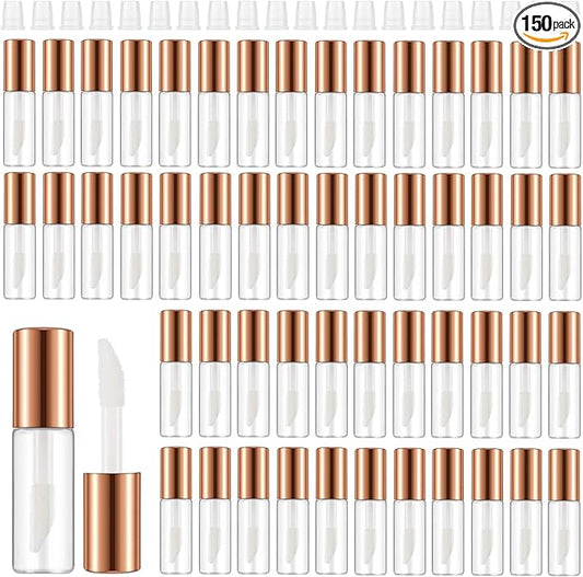 Jinei 150 Pcs Clear Empty Lip Balm Bottles 1.2ml Mini Lip Gloss Tubes, Refillable Containers Transparent Plastic Clear Lipstick Tubes for Girl Women DIY Makeup Sample Travel(Rose Gold)