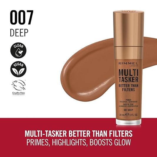 Rimmel Multi-Tasker Better Than Filters, 007 Deep, Face Primer, Glow Booster and Highlighter, Vegan Formula, Anti-Ageing Benefits, Light-Reflecting Pigments, Giant Soft-Touch Wand, 1oz